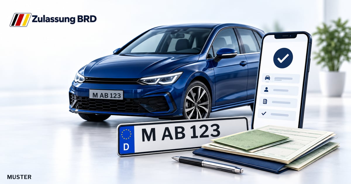 Online Fahrzeugzulassung in Planegg: Musterkennzeichen M AB 123, Auto und Fahrzeugpapiere und Smartphone. Illustration mit Logo von Zulassung BRD.